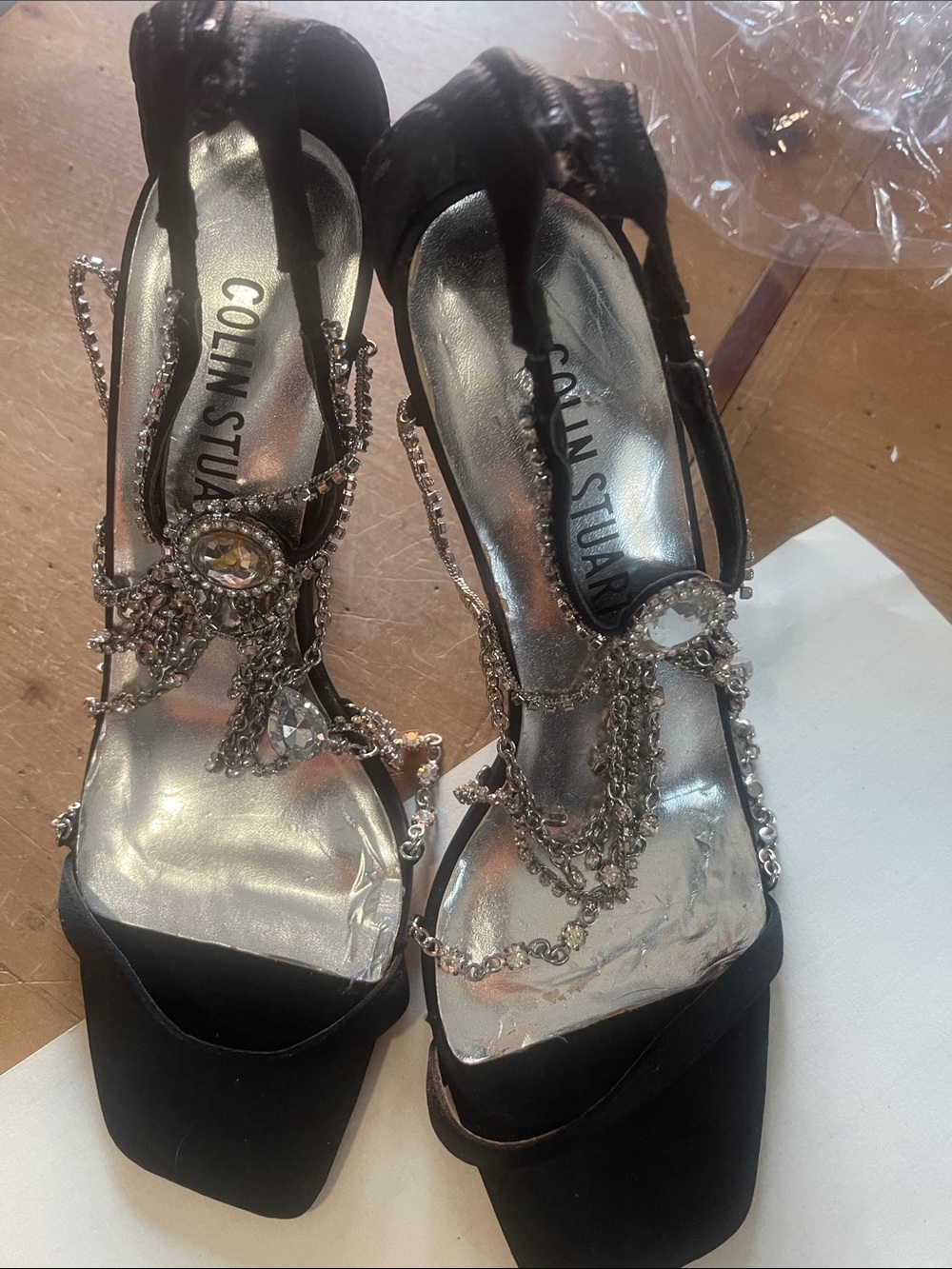 Colin Stuart Black Satin Heels with Silver Crystal Chains